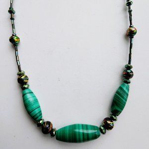 One of a Kind Malachite Necklace with Vintage-Made Malachite & Porcelain Beads
